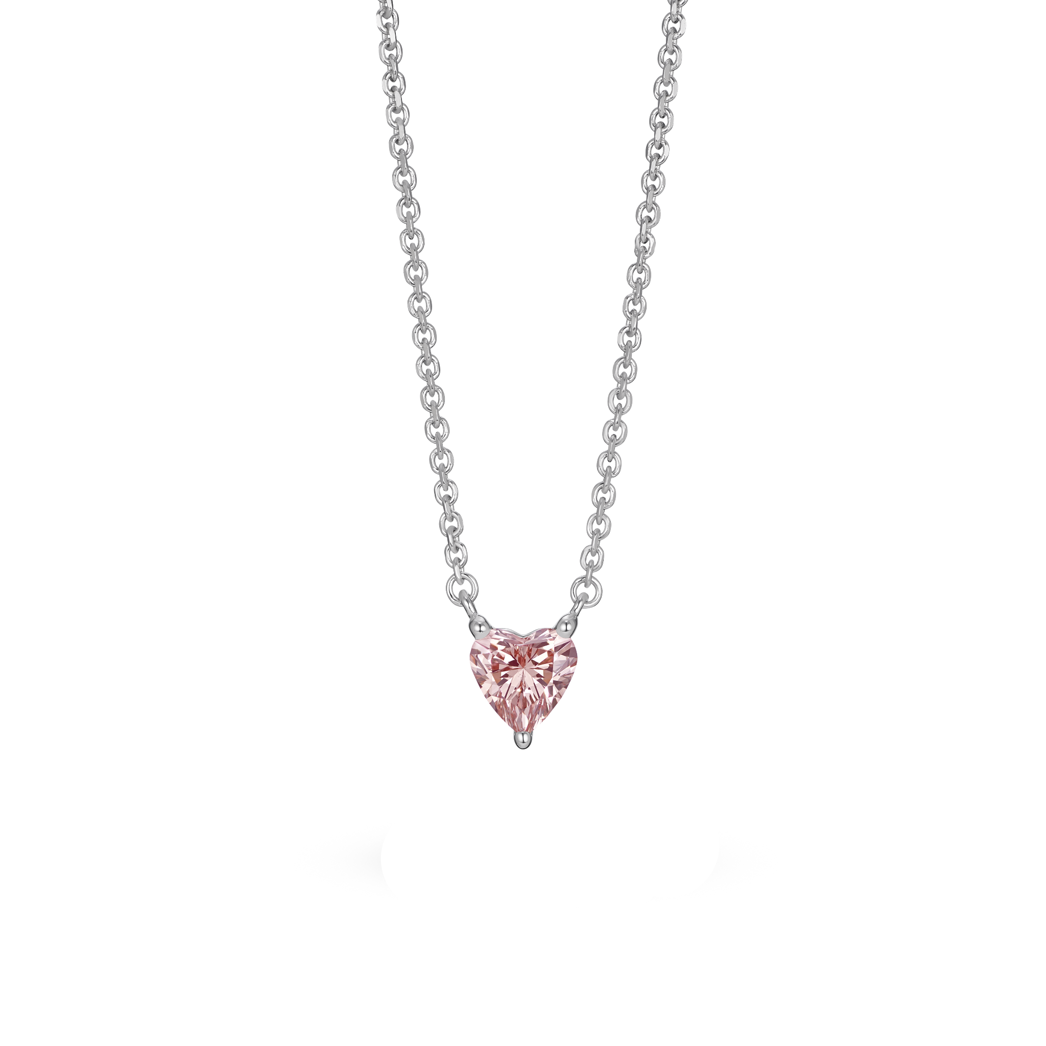 Front view of white gold, lab-grown pink 0.25 carat heart pendant