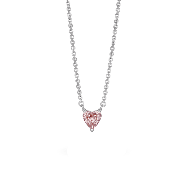 Front view of white gold, lab-grown pink 0.25 carat heart pendant