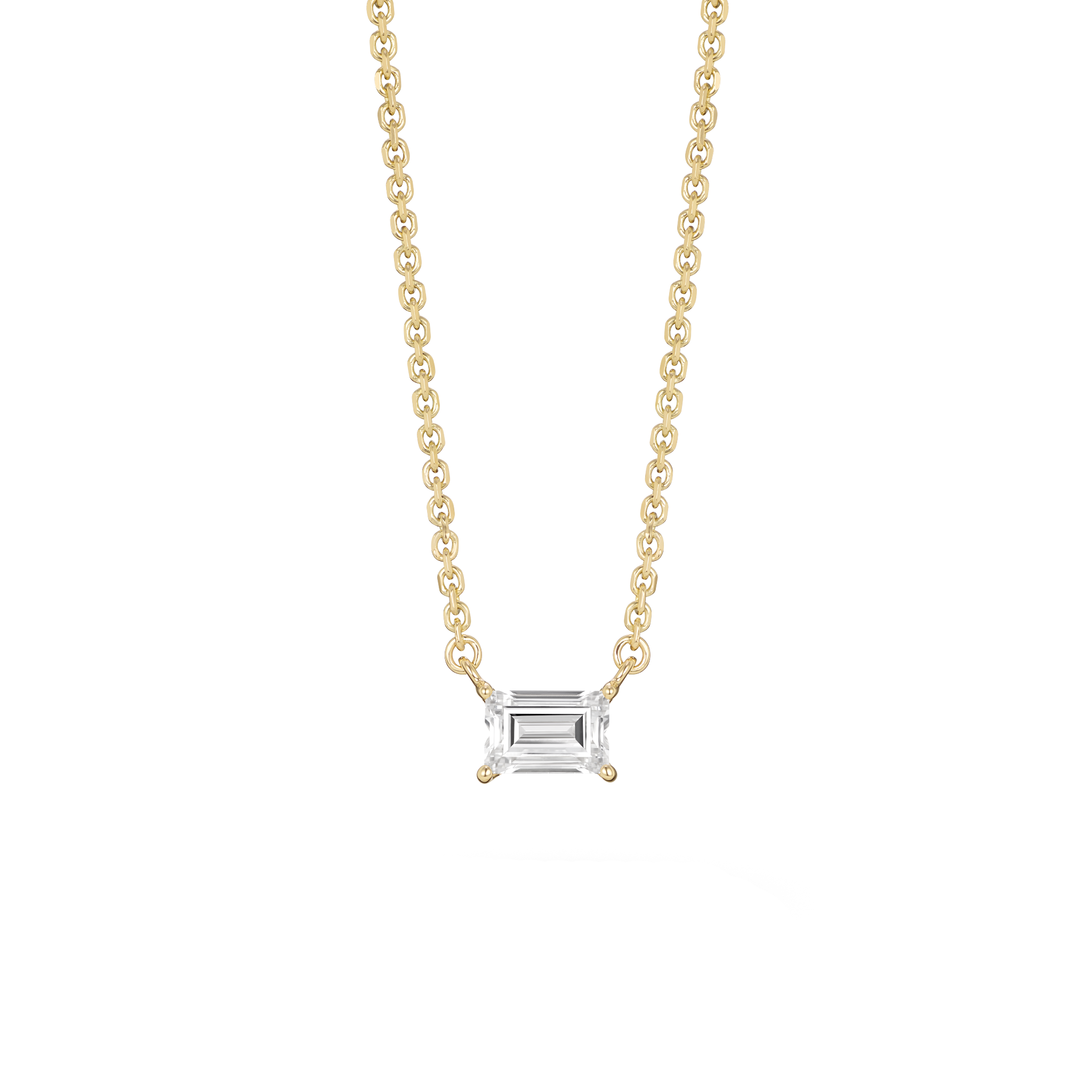 Front view of yellow gold, lab-grown 0.25 carat baguette cut pendant