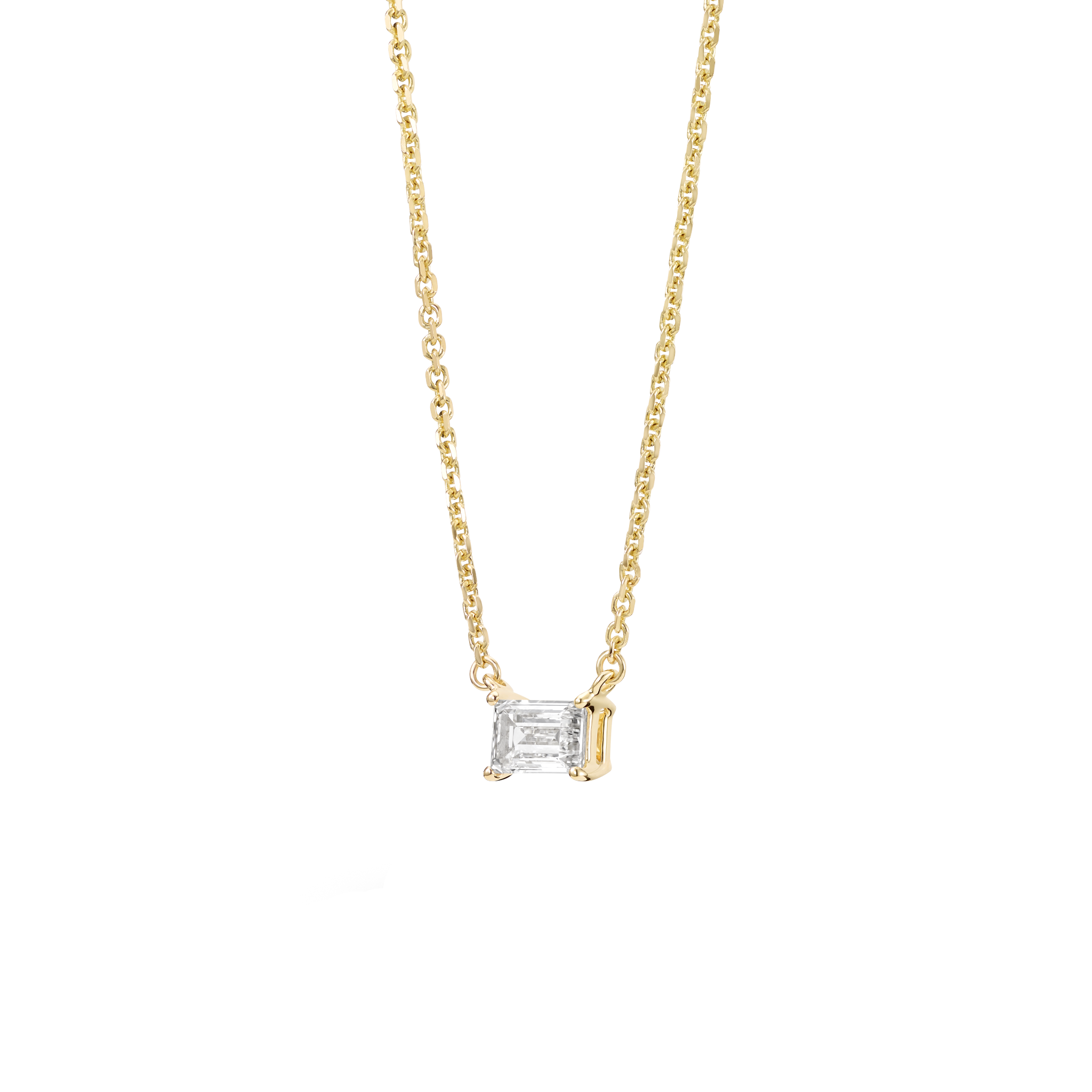 Side view of yellow gold, lab-grown 0.25 carat baguette cut pendant