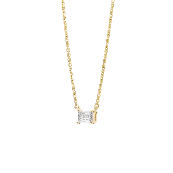 Side view of yellow gold, lab-grown 0.25 carat baguette cut pendant