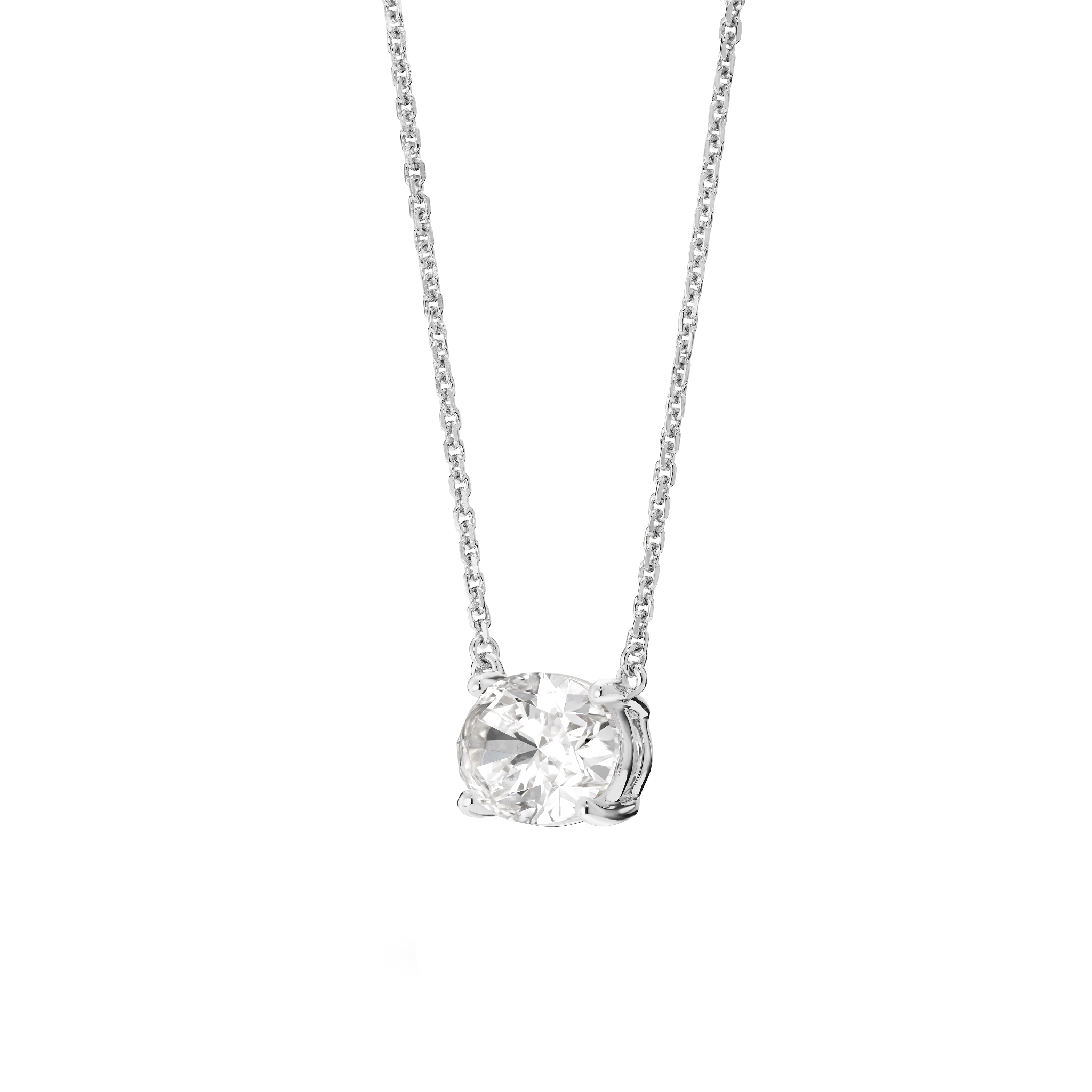 Side view of white gold 1 carat lab-grown oval cut pendant