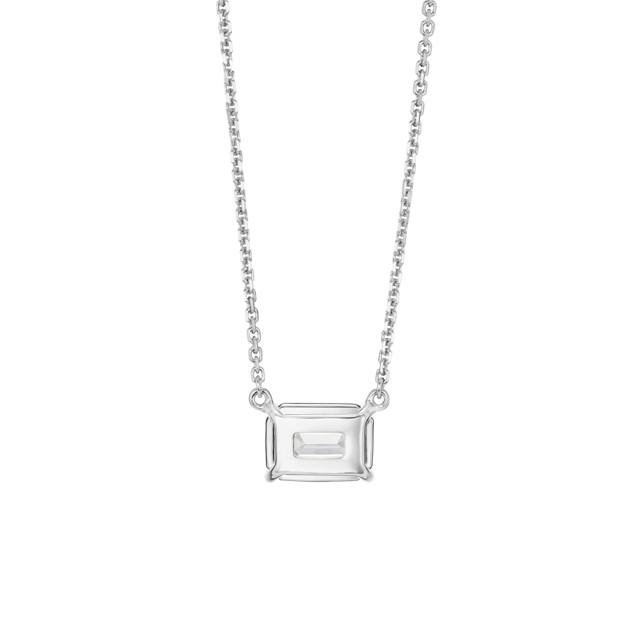 Back view of white gold 1 carat lab-grown emerald cut pendant