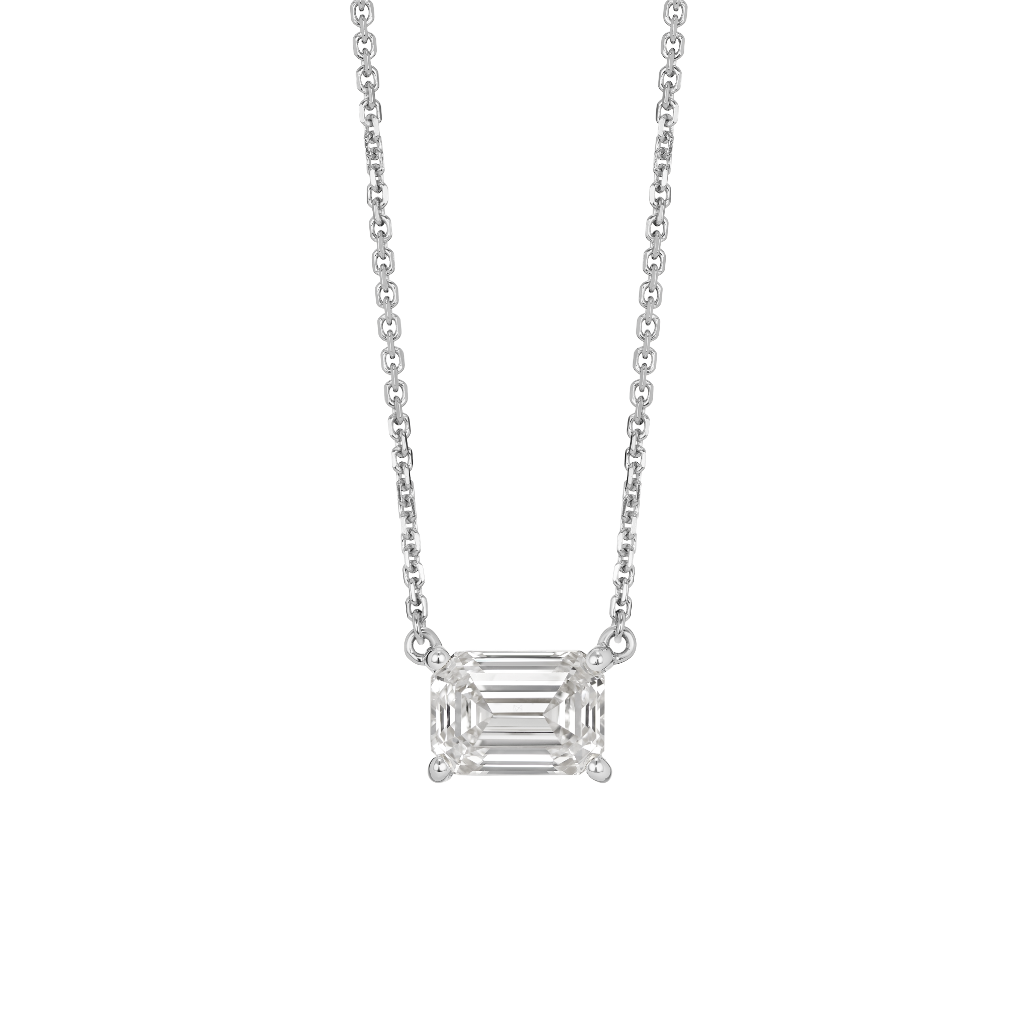 Front view of white gold 1 carat lab-grown emerald cut pendant