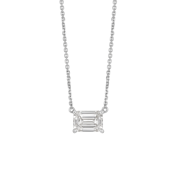 Front view of white gold 1 carat lab-grown emerald cut pendant