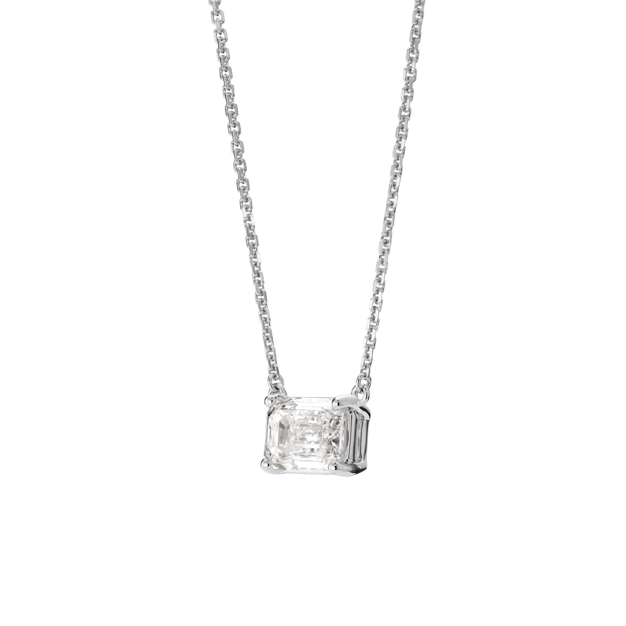 Side view of white gold 1 carat lab-grown emerald cut pendant