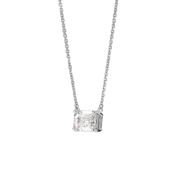 Side view of white gold 1 carat lab-grown emerald cut pendant