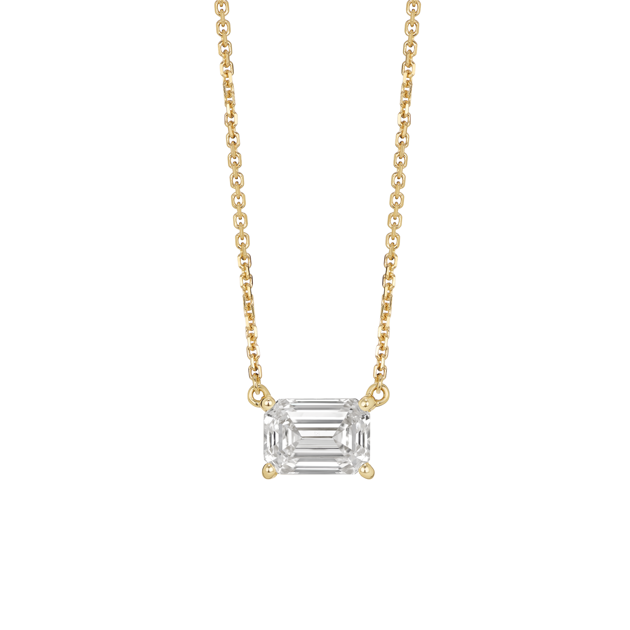 Front view of yellow gold 1 carat lab-grown emerald cut pendant