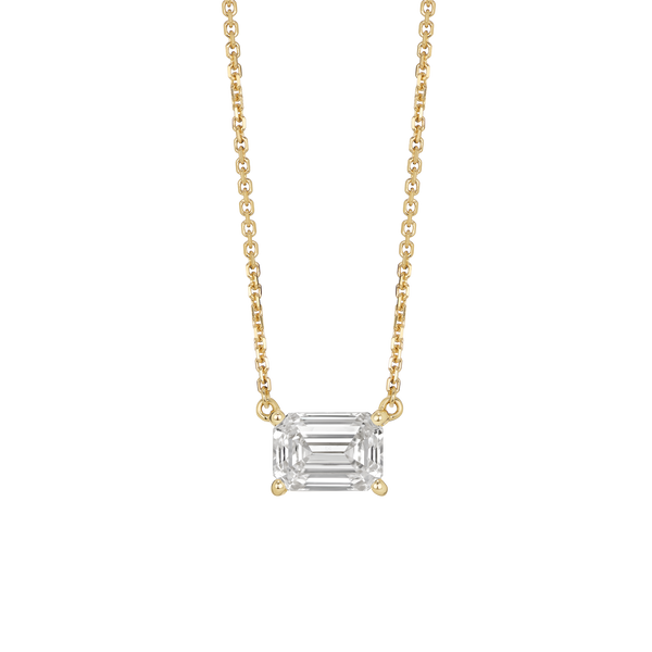 Front view of yellow gold 1 carat lab-grown emerald cut pendant