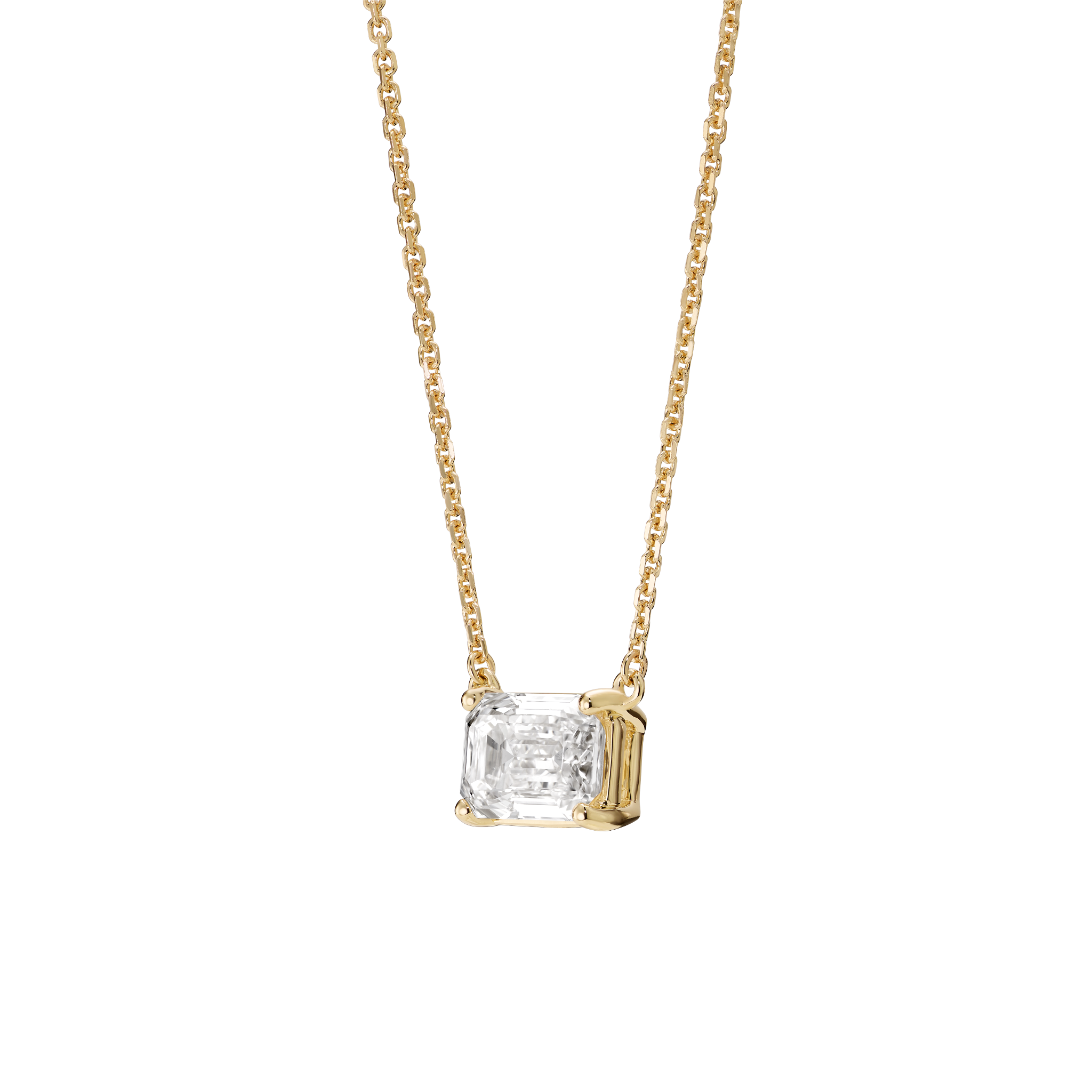 Side view of yellow gold 1 carat lab-grown emerald cut pendant