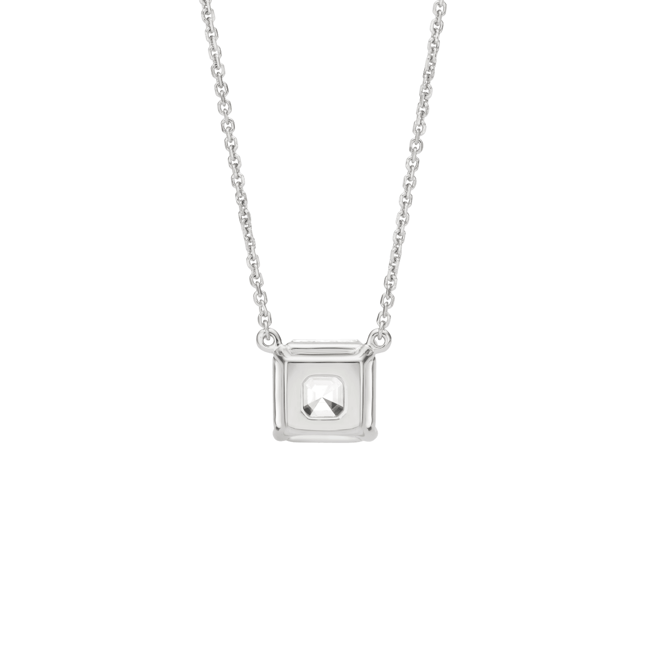 Back view of the 2 carat Asscher cut pendant in white gold