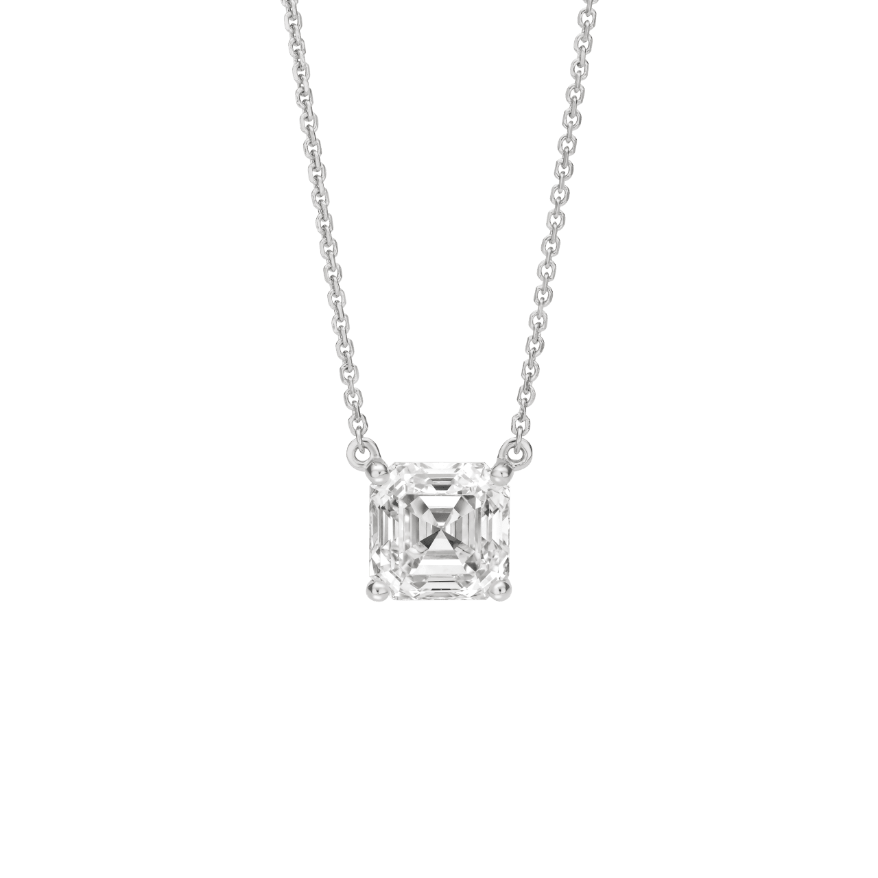 Front view of the 2 carat Asscher cut pendant in white gold