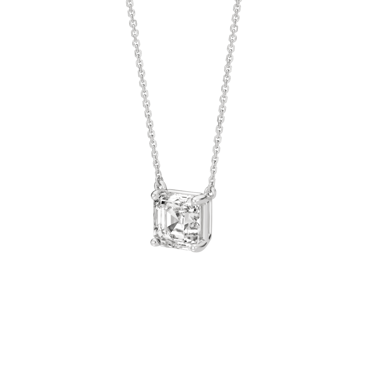 Side view of the 2 carat Asscher cut pendant in white gold