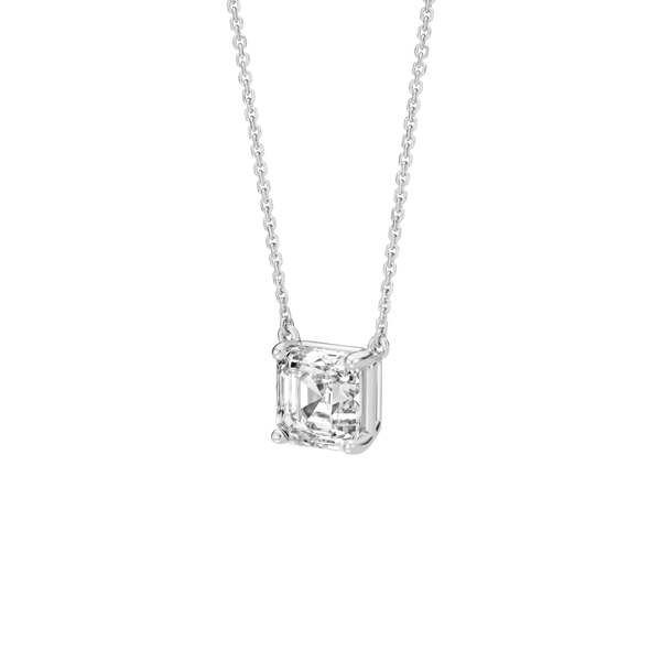 Side view of the 2 carat Asscher cut pendant in white gold