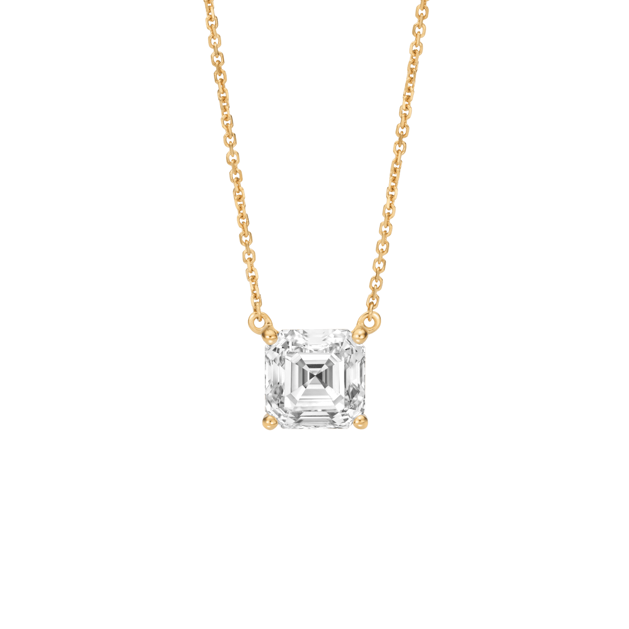 Front view of the 2 carat Asscher cut pendant in yellow gold