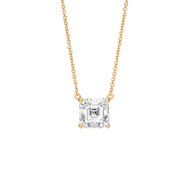 Front view of the 2 carat Asscher cut pendant in yellow gold