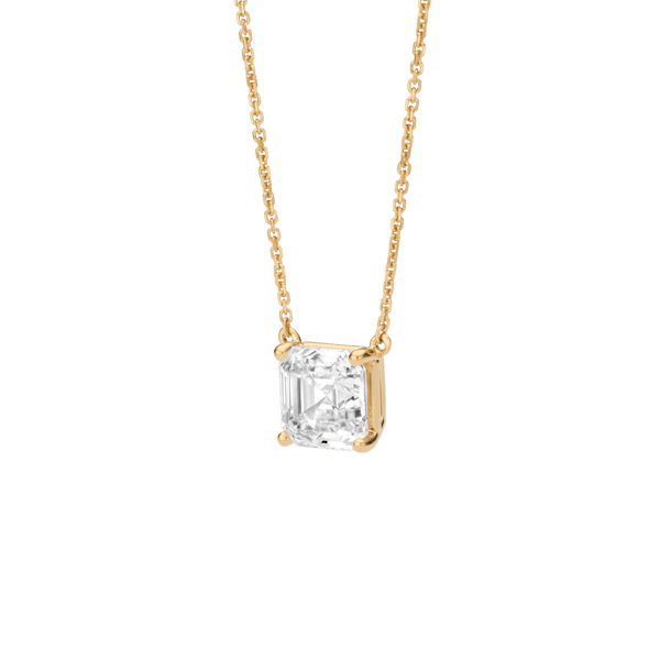 Side view of the 2 carat Asscher cut pendant in yellow gold