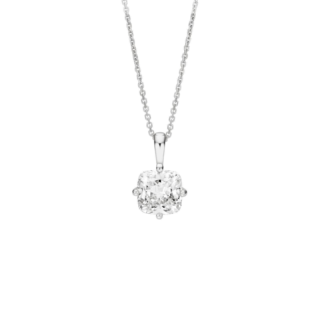 Front view of the 2 carat cushion cut pendant in white gold