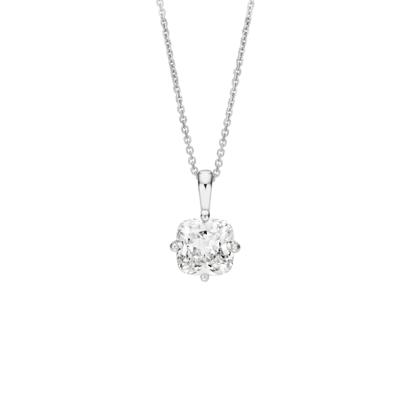 Front view of the 2 carat cushion cut pendant in white gold