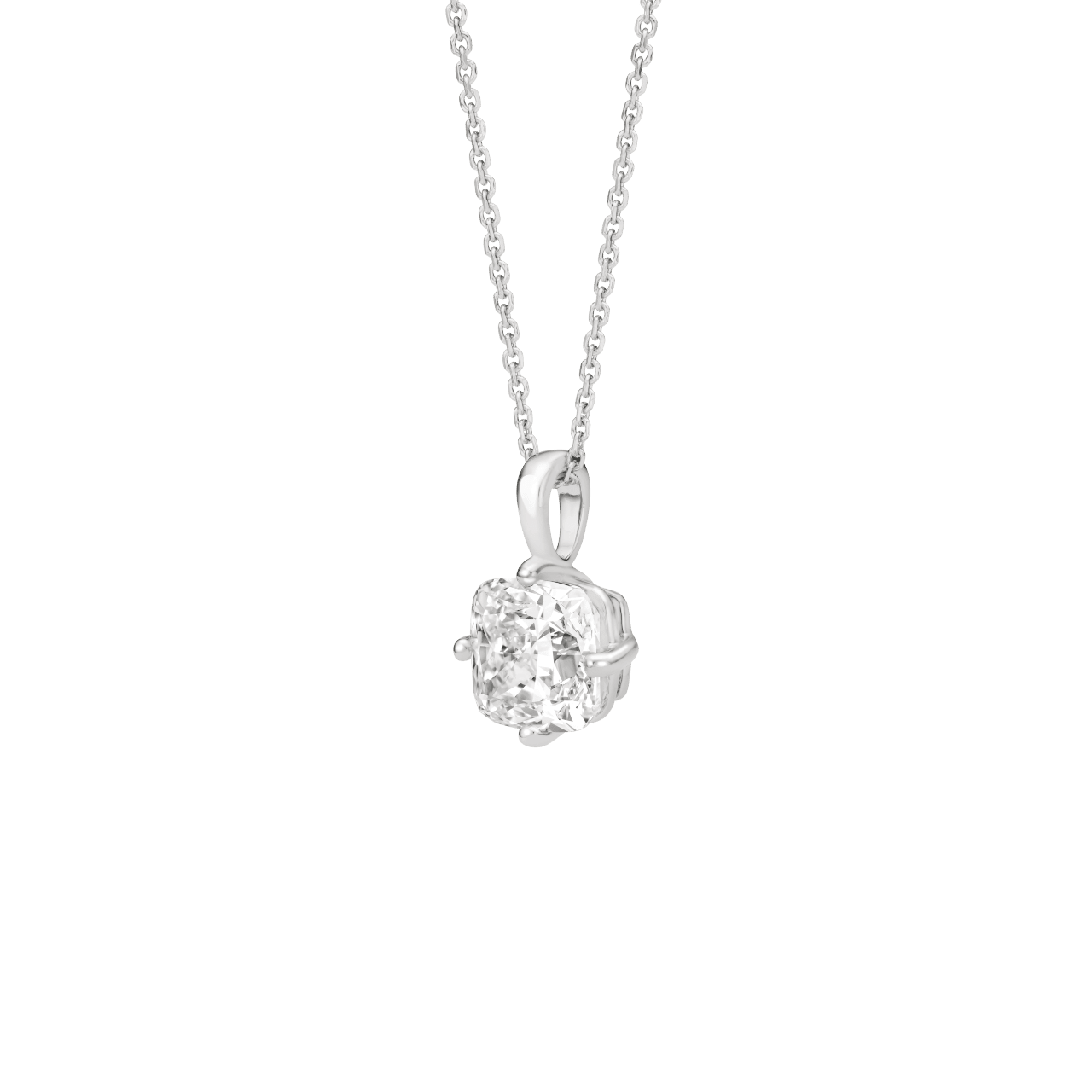 Side view of the 2 carat cushion cut pendant in white gold