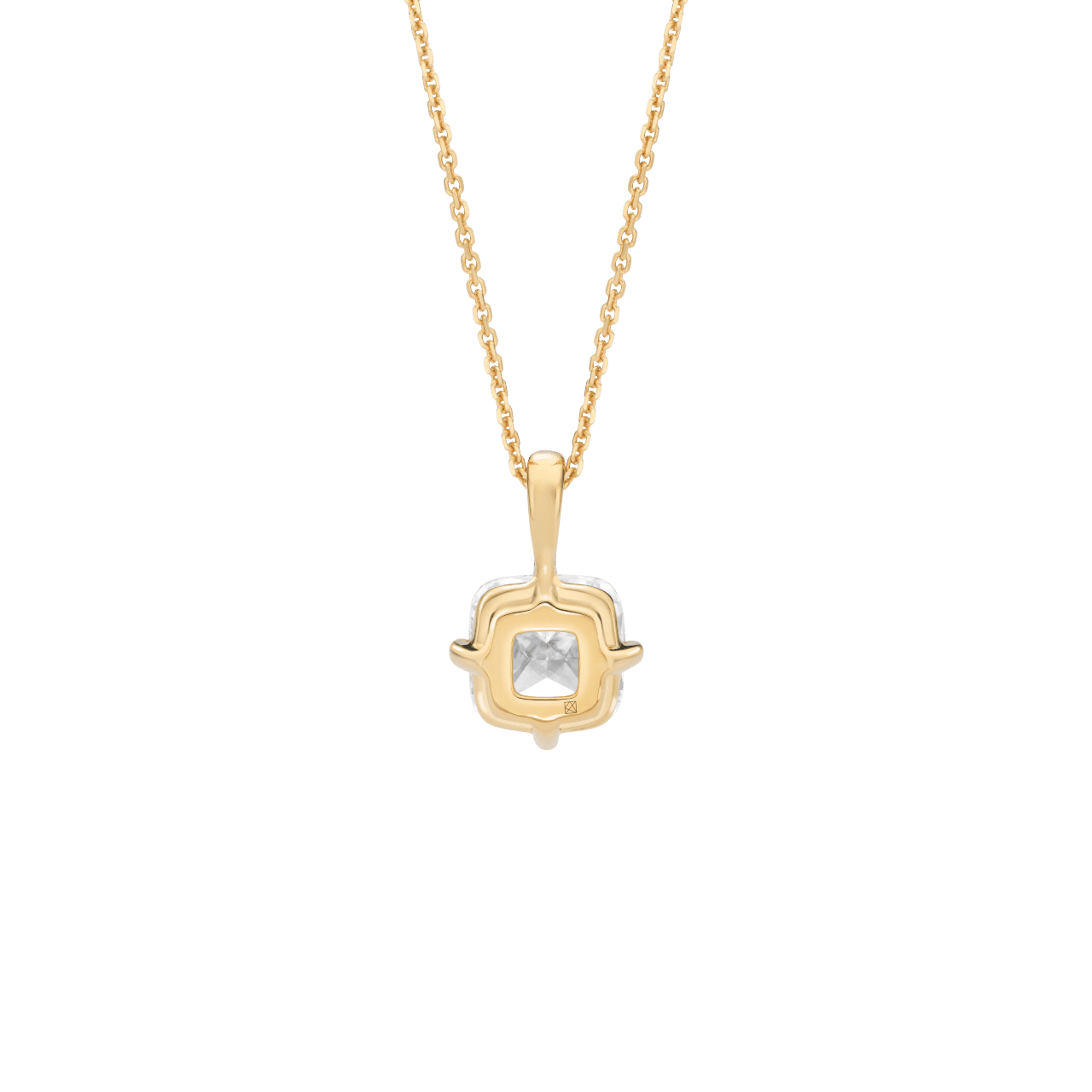 Back view of the 2 carat cushion cut pendant in yellow gold