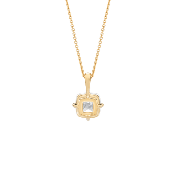 Back view of the 2 carat cushion cut pendant in yellow gold