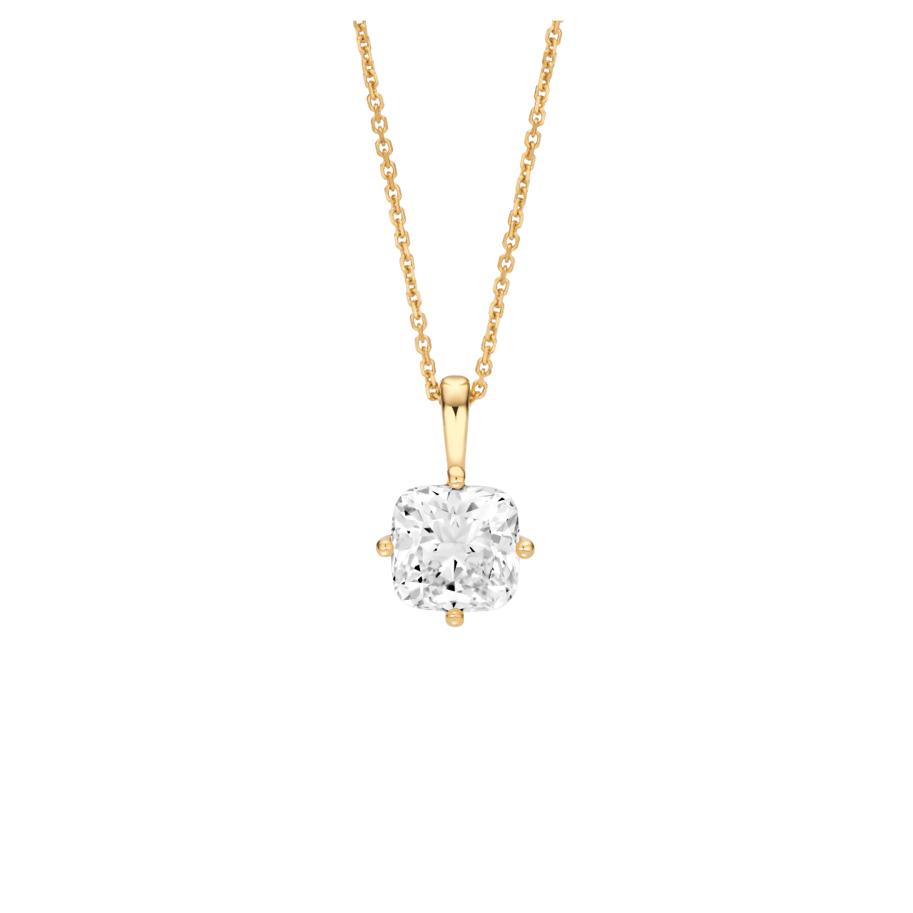 Front view of the 2 carat cushion cut pendant in yellow gold