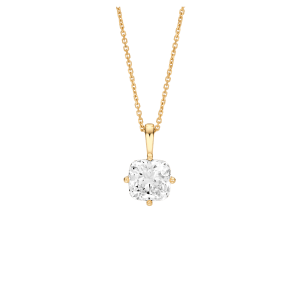 Front view of the 2 carat cushion cut pendant in yellow gold