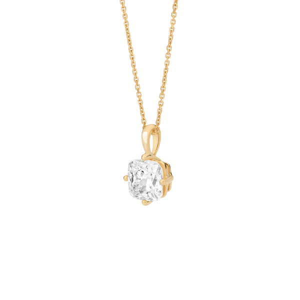 Side view of the 2 carat cushion cut pendant in yellow gold