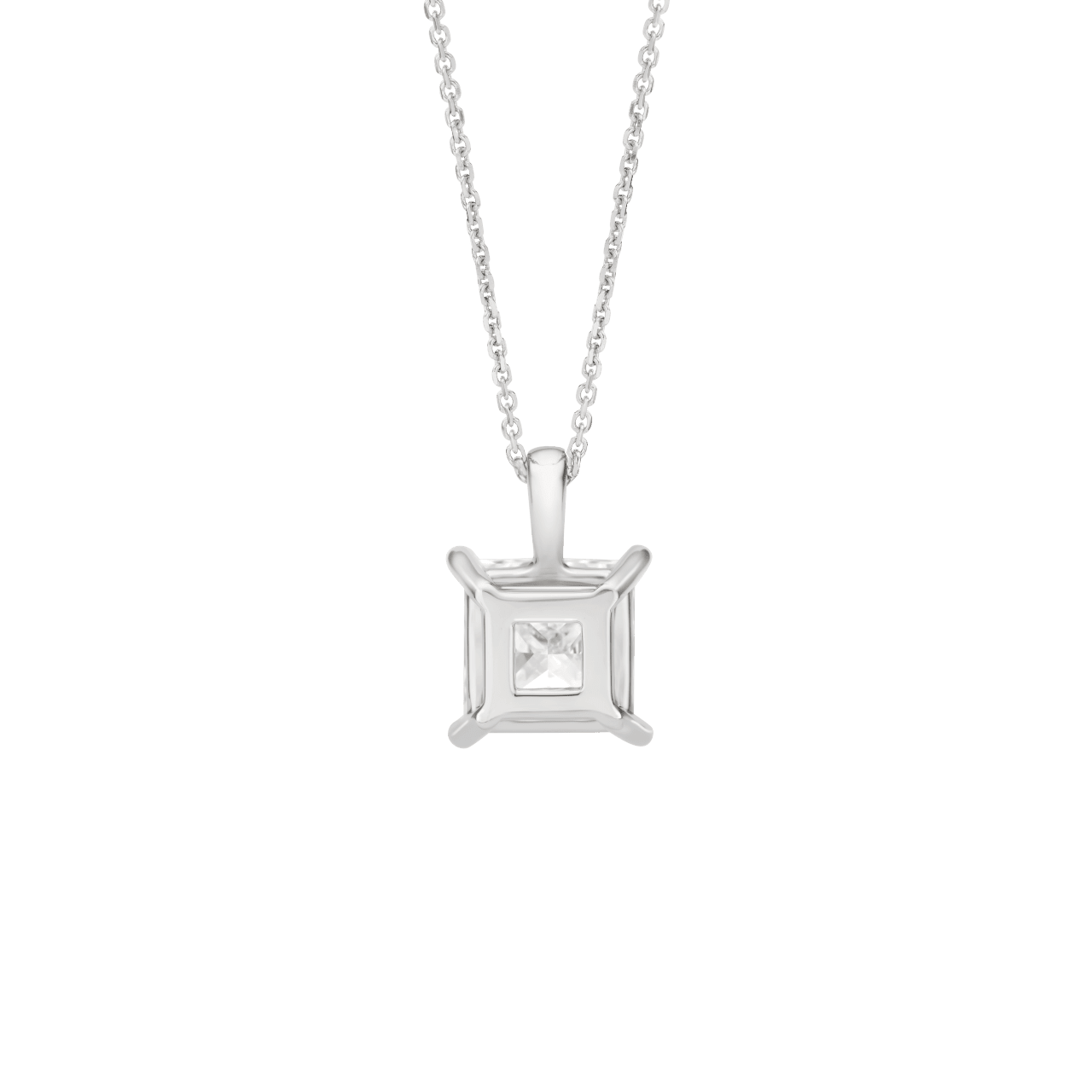 Back view of the 3 carat princess cut pendant in white gold