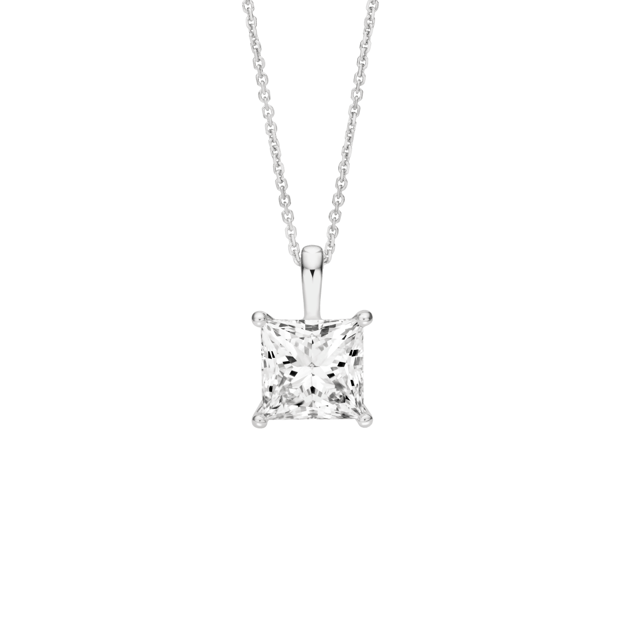 Front view of the 3 carat princess cut pendant in white gold