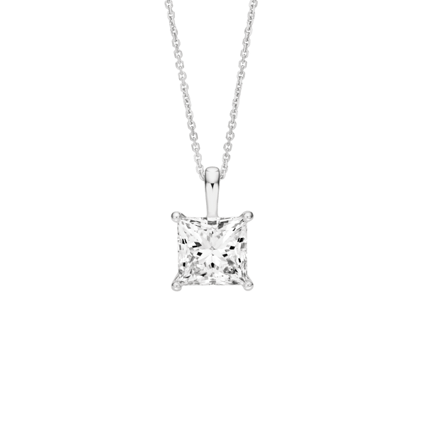 Front view of the 3 carat princess cut pendant in white gold