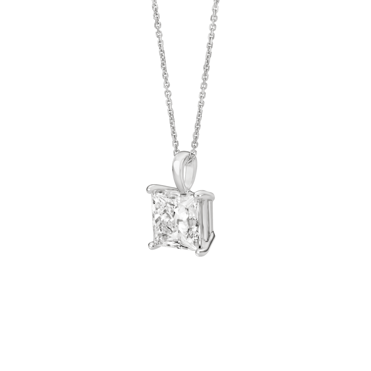 Side view of the 3 carat princess cut pendant in white gold