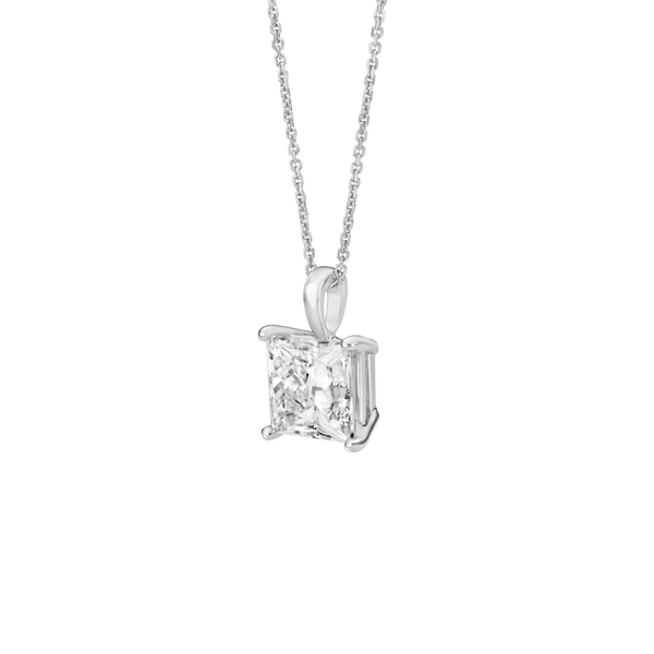 Side view of the 3 carat princess cut pendant in white gold