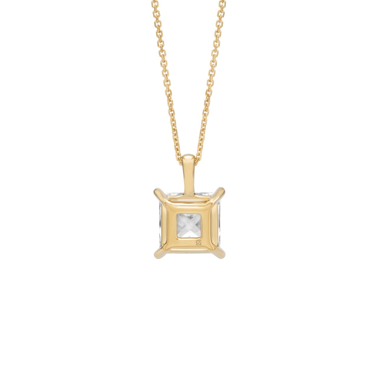 Back view of the 3 carat princess cut pendant in yellow gold