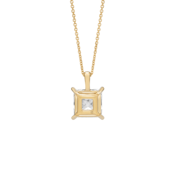 Back view of the 3 carat princess cut pendant in yellow gold