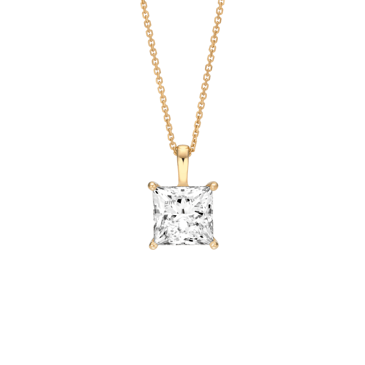 Front view of the 3 carat princess cut pendant in yellow gold