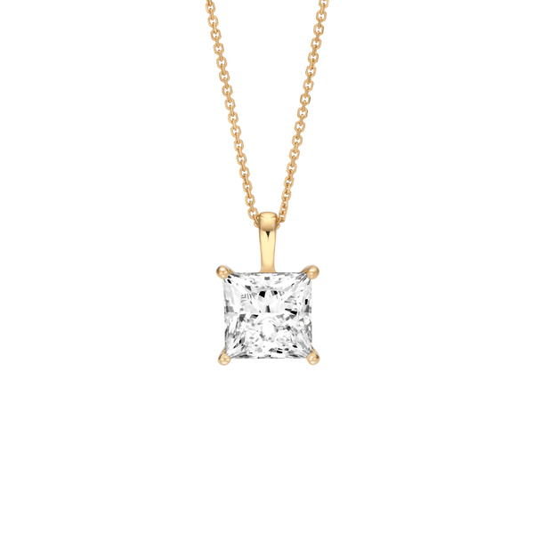 Front view of the 3 carat princess cut pendant in yellow gold