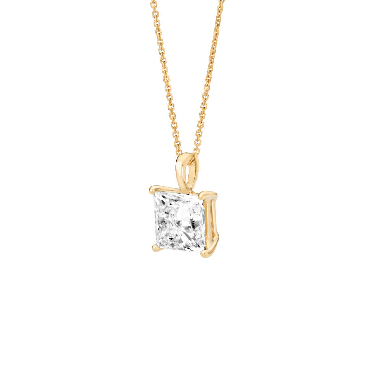 Side view of the 3 carat princess cut pendant in yellow gold