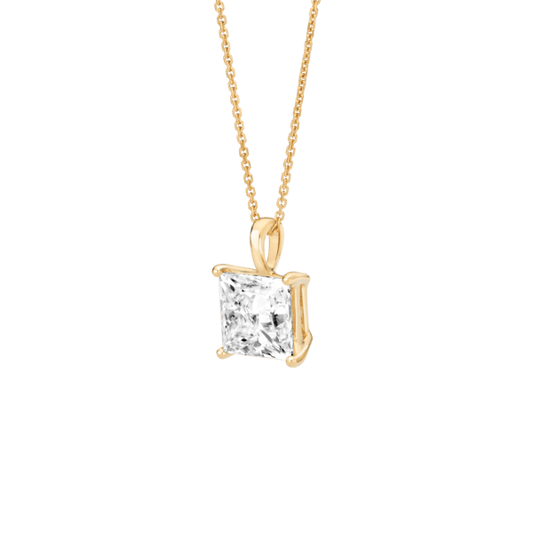 Side view of the 3 carat princess cut pendant in yellow gold