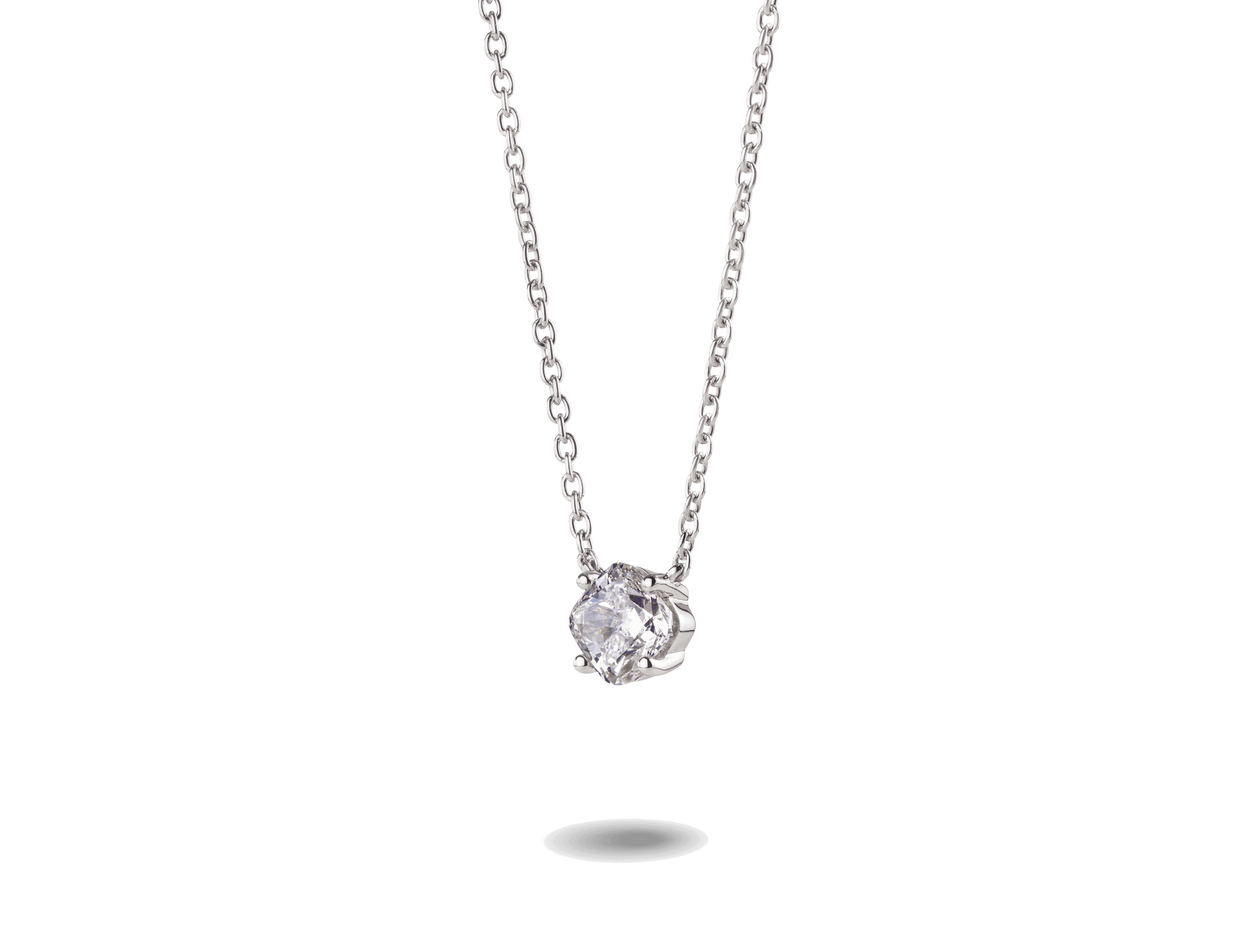 Side view of 1 carat white cushion cut pendant in 14k white gold
