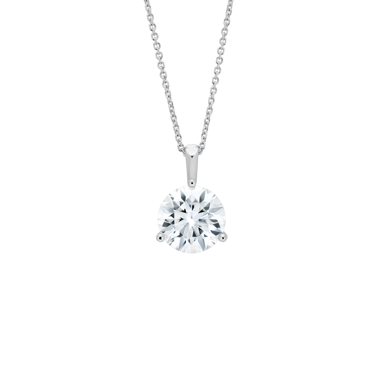 Front view of a 2 carat round brilliant solitaire bale pendant in white gold