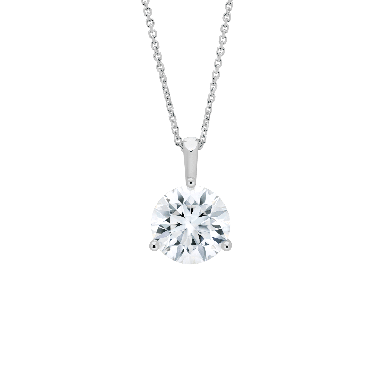 Front view of a 3 carat round brilliant solitaire bale pendant in white gold