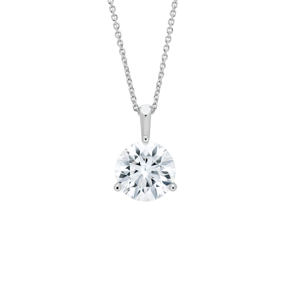 Front view of a 3 carat round brilliant solitaire bale pendant in white gold