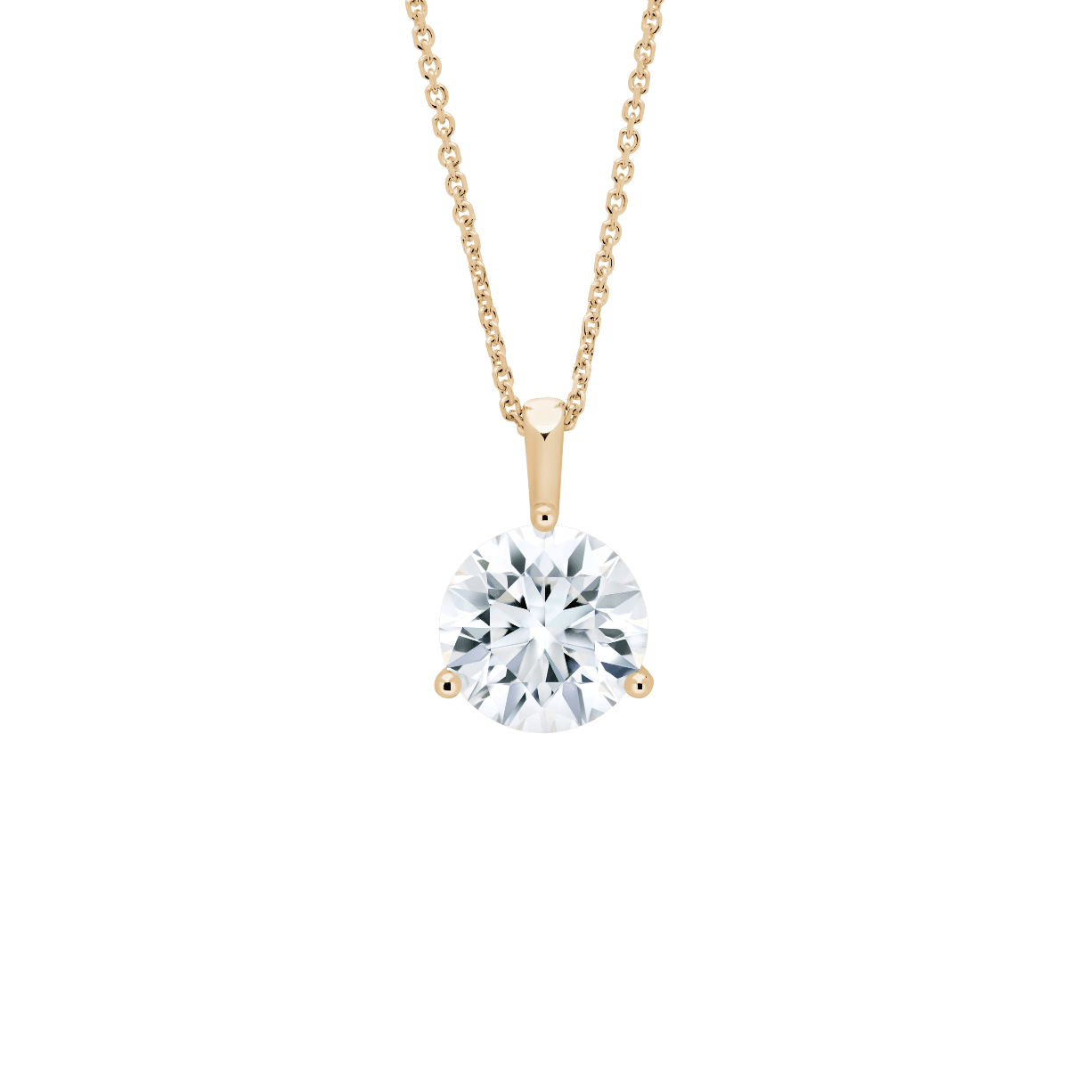 Front view of a 2.5 carat round brilliant solitaire bale pendant in yellow gold