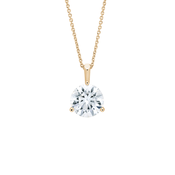 Front view of a 2.5 carat round brilliant solitaire bale pendant in yellow gold