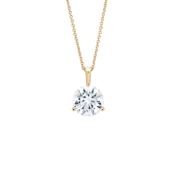 Front view of a 2 carat round brilliant solitaire bale pendant in yellow gold