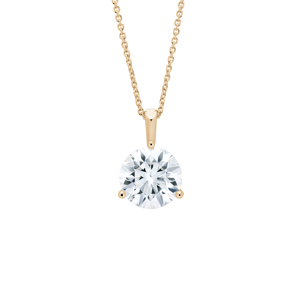 Front view of a 3 carat round brilliant solitaire bale pendant in yellow gold