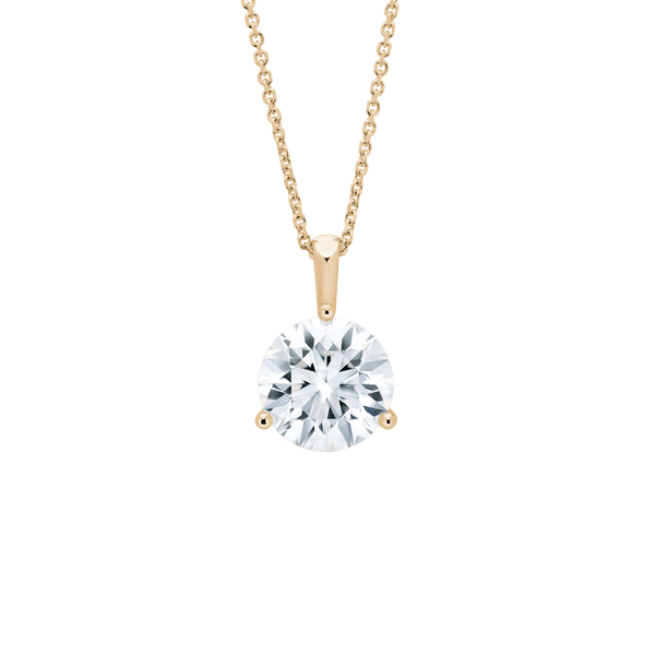 Front view of a 3 carat round brilliant solitaire bale pendant in yellow gold