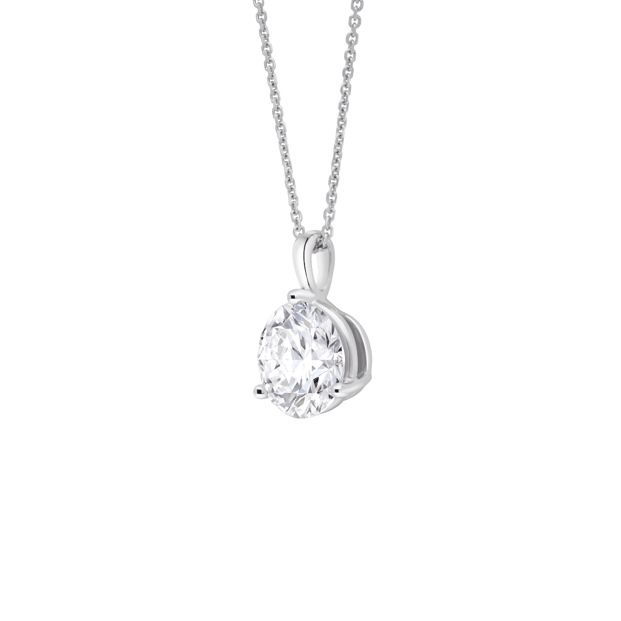 Side view of 2.5 carat round brilliant solitaire bale pendant in white gold